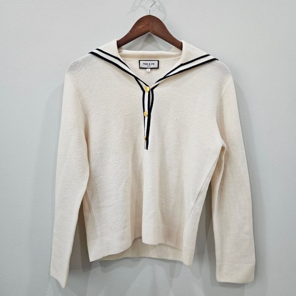 Paul & Joe Paris Cream Wool Sailor Collar Sweater Nautical Gold Buttons Sz 3